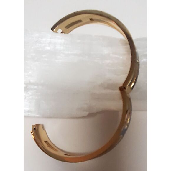 J. Crew Bracelet Hinged with Lock Navy Blue Enamel Gold Pierced Panels Bordered - Picture 7 of 12